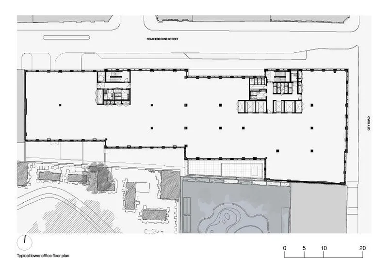 Typical lower office floor plan drawing with open workspace zones and perimeter columns
