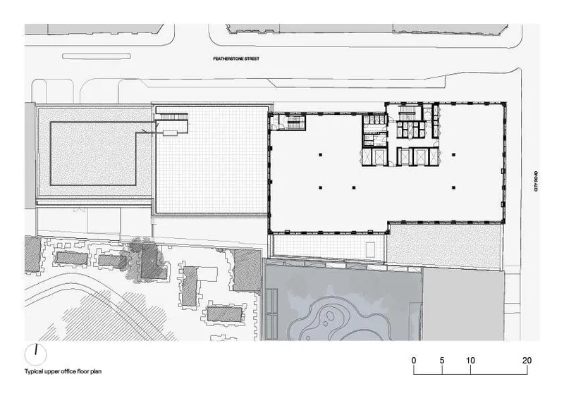 Typical upper office floor plan drawing showing rooftop terrace and reduced interior footprint