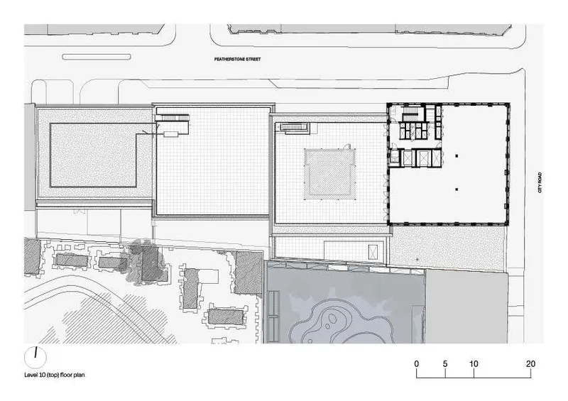 Level 10 roof floor plan drawing featuring a central enclosed structure surrounded by open terrace
