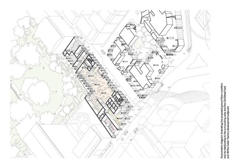 Axonometric drawing illustrating the stacked volumes with surrounding streets and trees in line work