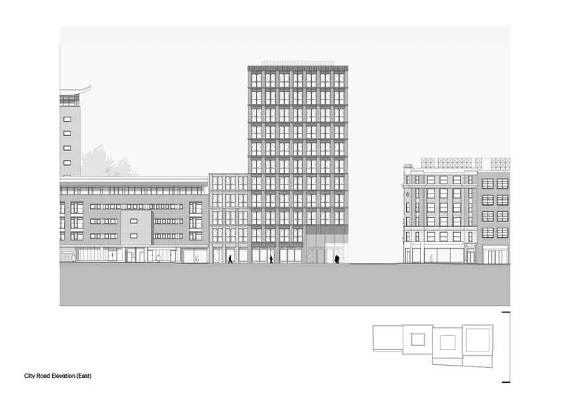 East elevation drawing showing a tall gridded tower flanked by lower volumes with human figures at street level