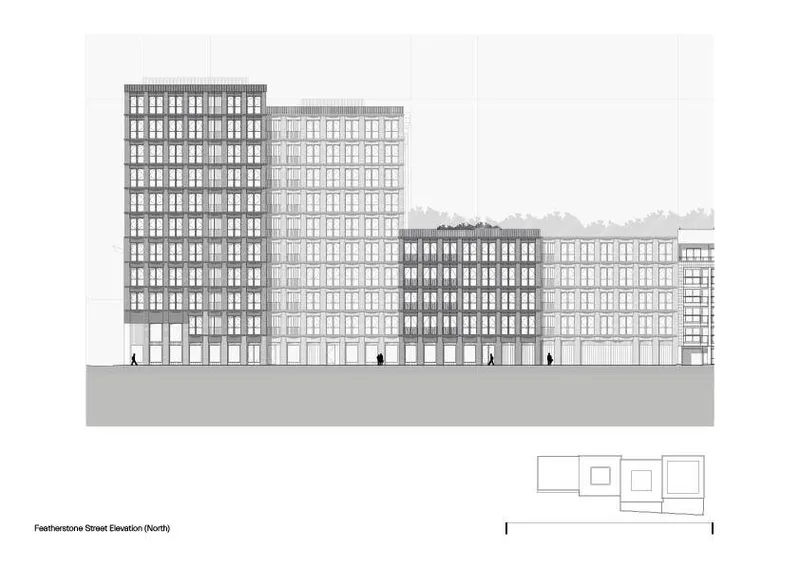 North elevation drawing depicting four stepped building volumes with repetitive window grids and rooftop vegetation