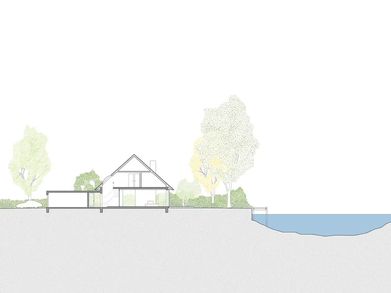 Section drawing depicting the gabled roof structure with trees and water in the landscape