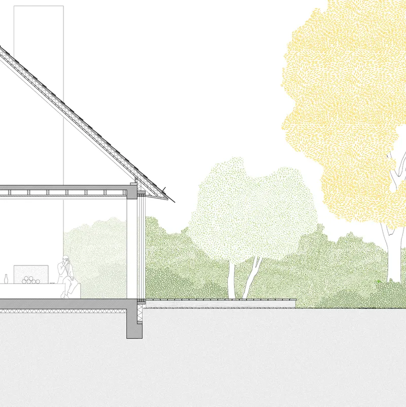 Detail section drawing showing the eave construction with exposed rafters and exterior vegetation