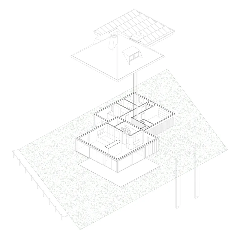 Exploded axonometric drawing revealing the floor plan, roof structure, and solar panel array