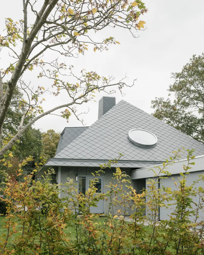 View of the zinc-shingled roof with circular skylight framed by bare tree branches