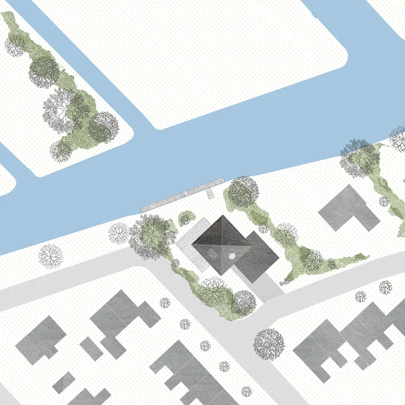Site plan drawing showing the building footprint between a waterway and landscaped street