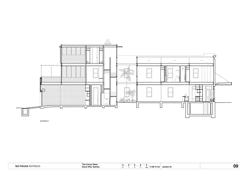 Section drawing cutting through the courtyard with trees between the front and rear building volumes