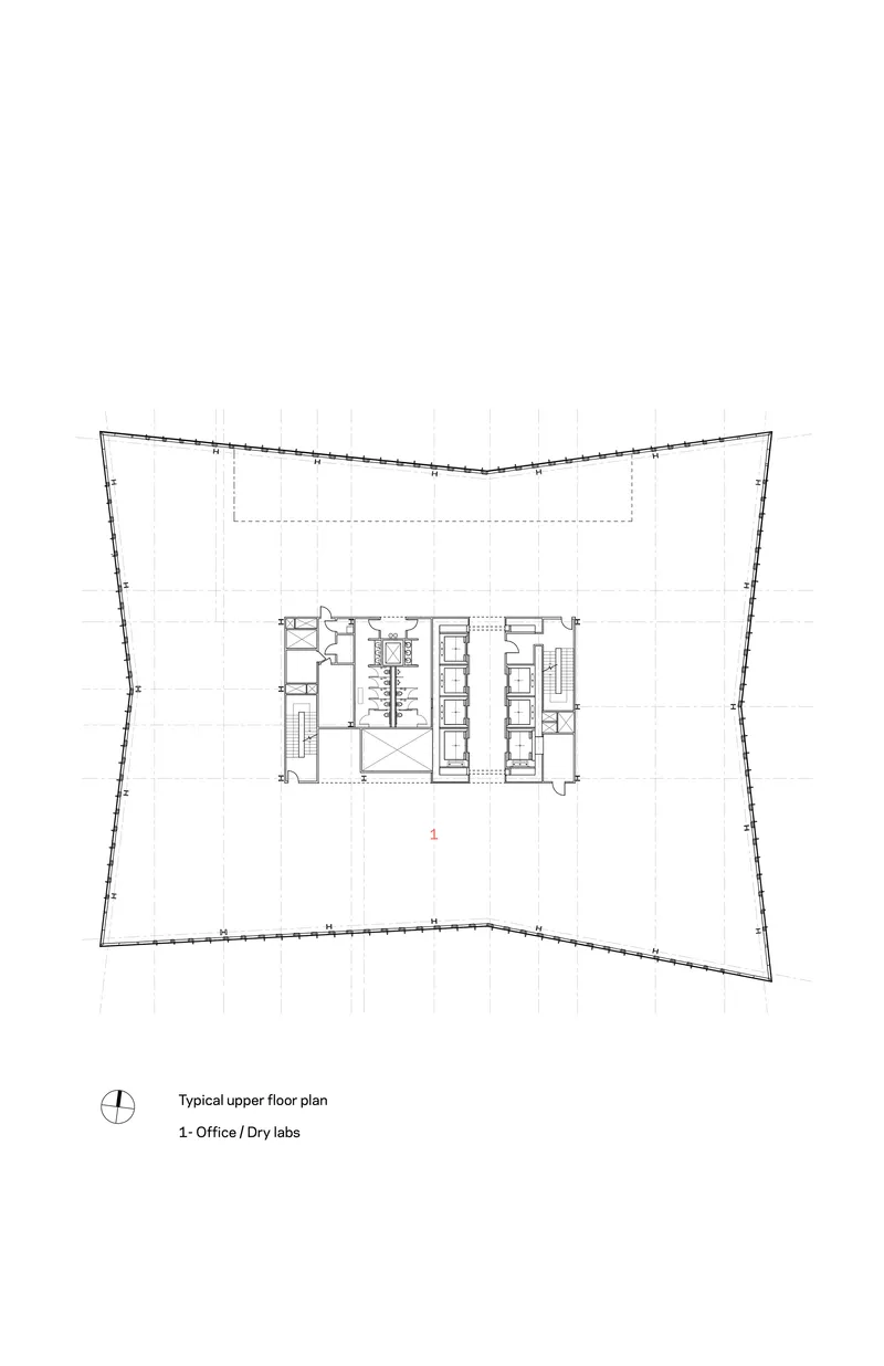 Typical upper floor plan drawing showing central core with elevators and services surrounded by open floor area