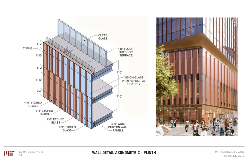 Axonometric drawing showing layered facade assembly with etched glass fins and curtain wall panels alongside street view rendering