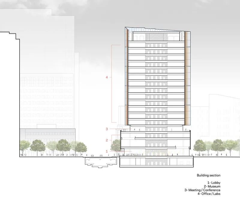 Section drawing showing the tower rising above a podium base with street trees lining the ground level