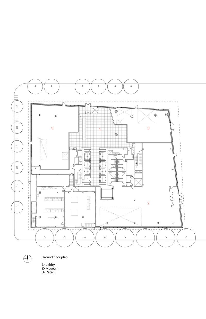 Ground floor plan drawing showing lobby and museum spaces with perimeter tree locations indicated by circles