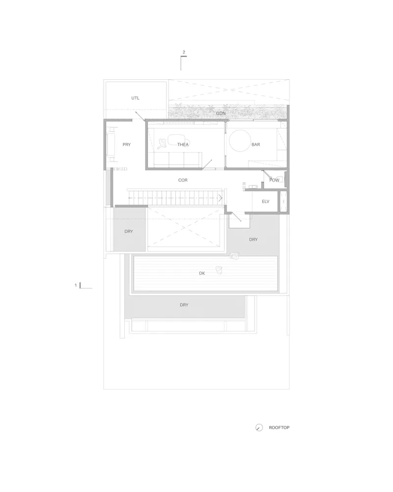 Rooftop plan showing terrace deck with bar area, theater room, and plunge pool