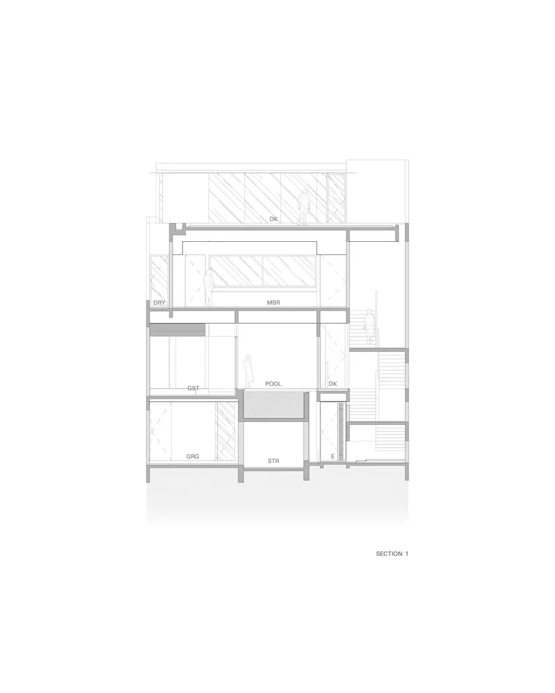 Section drawing cutting through the pool, master bedroom, and garage showing vertical stacking of spaces
