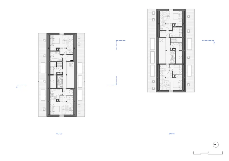 Floor plan drawing showing two narrow residential blocks with recessed balconies along the exterior facades