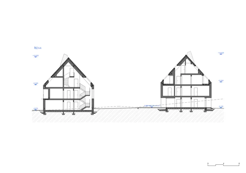 Section drawing showing two gabled houses with multi-level interiors and exposed structural framing