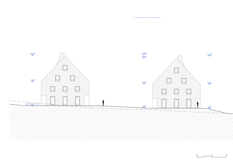 Elevation drawing showing two symmetrical gabled buildings with regular window grids and standing figures at grade