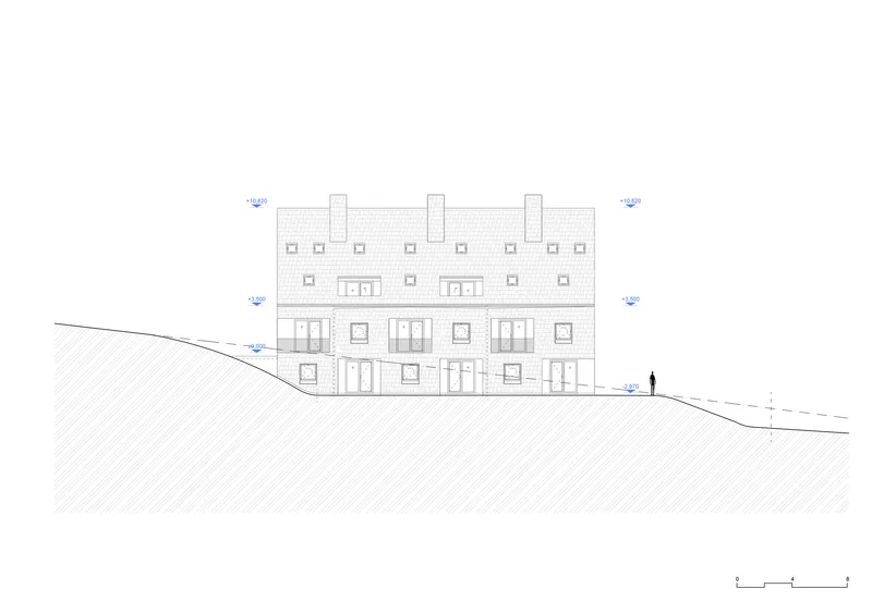 Elevation drawing showing a three-story residential building with tiled roof and three chimneys on sloping terrain