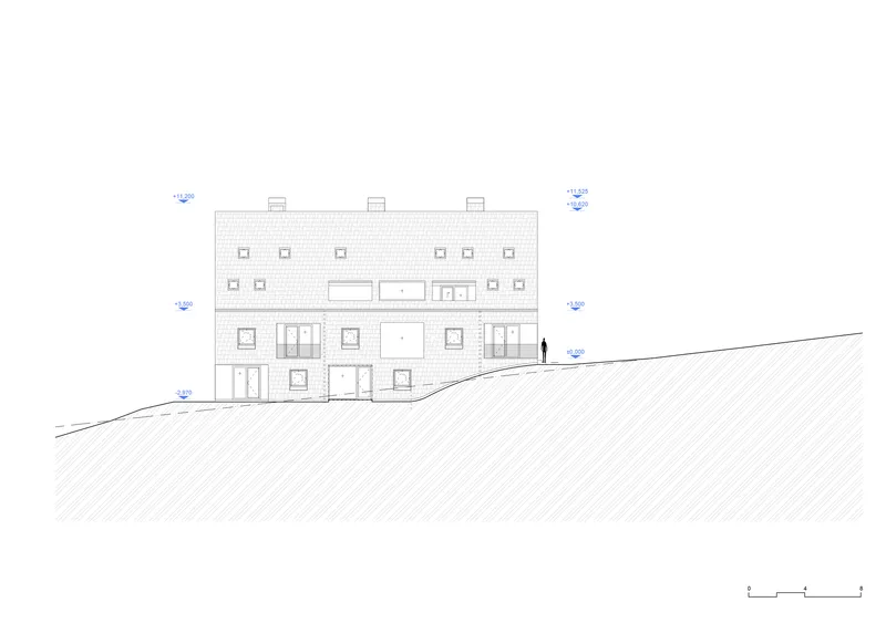 Elevation drawing of the rear facade with symmetrical window openings and a figure for scale
