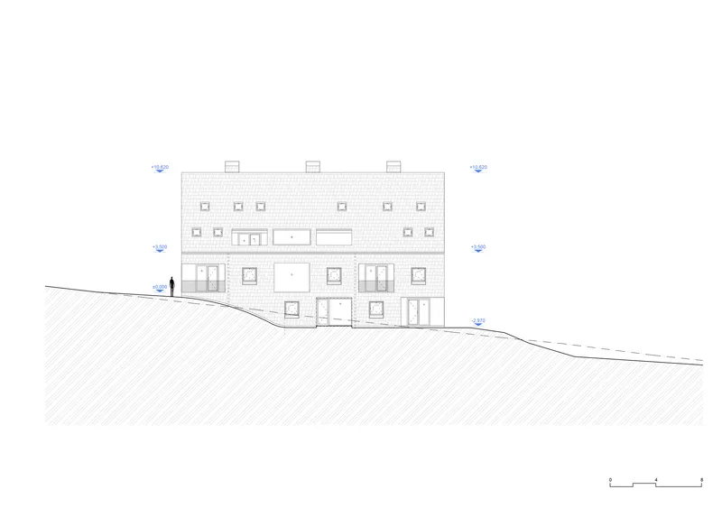 Elevation drawing depicting the side facade with regularly spaced windows on the hillside