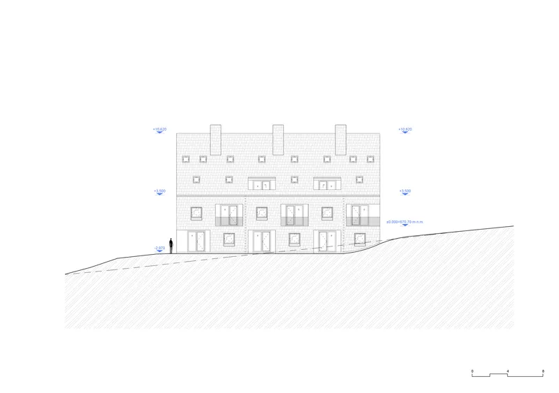 Elevation drawing showing the front facade with six ground-floor entrances and dormer windows above