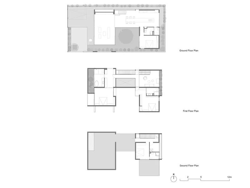 Floor plan drawings showing ground, first, and second levels with central courtyard and staircase circulation