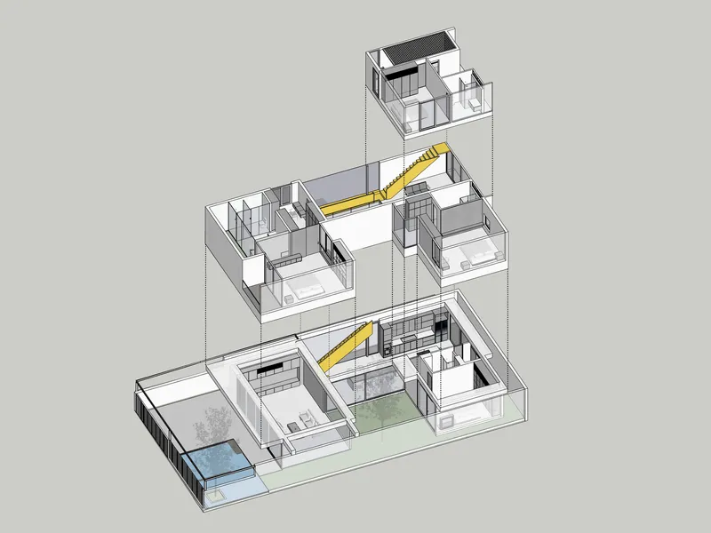 Axonometric drawing revealing three stacked levels with yellow staircases connecting interior volumes