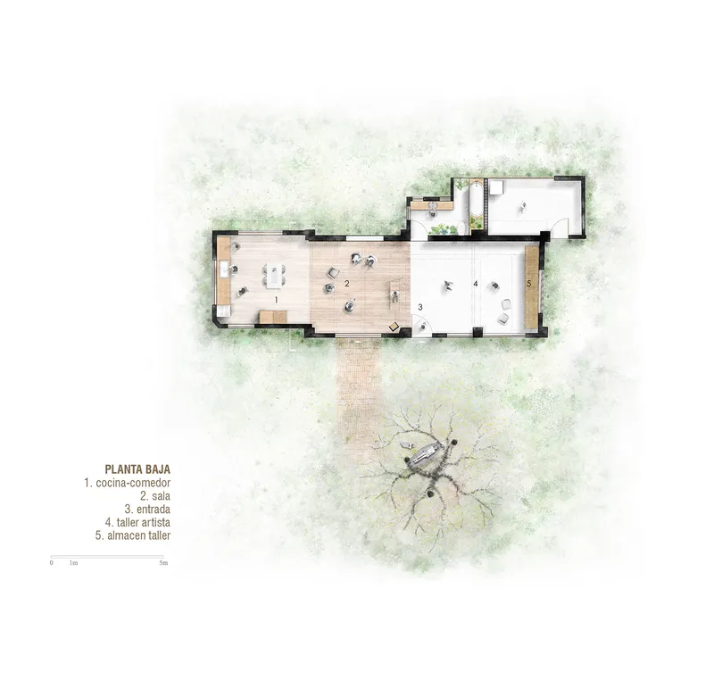Ground floor plan drawing showing an elongated rectangular volume with interior rooms and surrounding vegetation