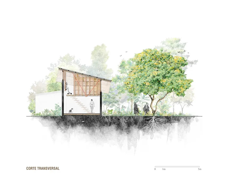 Transverse section drawing showing the two-story volume with exposed bamboo structure, figures, and adjacent trees