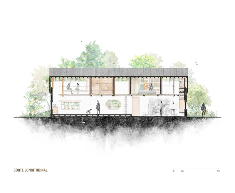 Longitudinal section drawing showing a two-story volume with timber roof structure and figures among surrounding trees