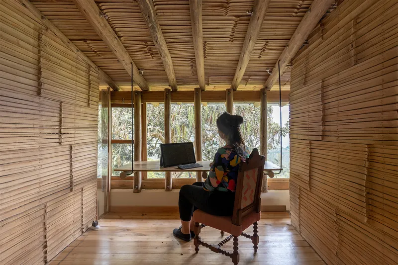 Timber-lined study alcove with person seated at desk facing clerestory windows and bamboo ceiling