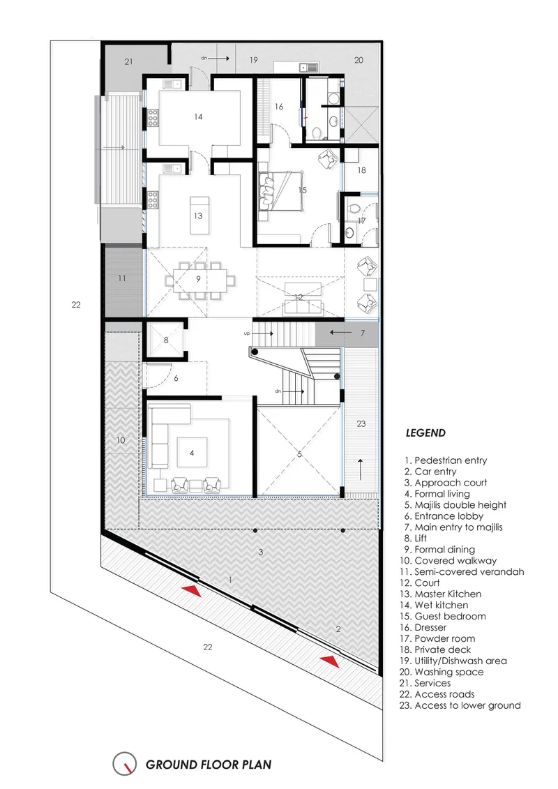 Ground floor plan drawing showing living spaces wrapped around a central staircase and courtyard