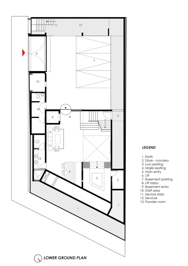 Lower ground plan drawing showing basement parking and utility spaces beneath the main residence