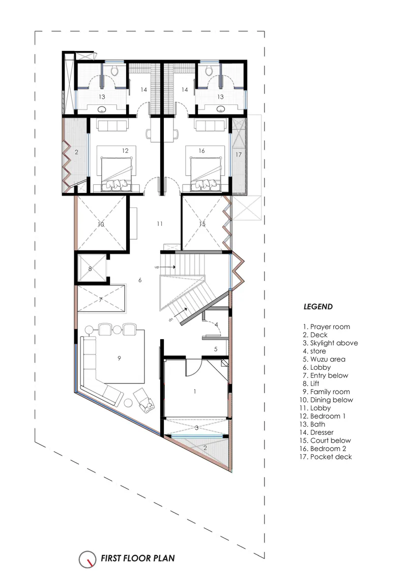 First floor plan drawing showing bedrooms and a prayer room arranged around double-height voids