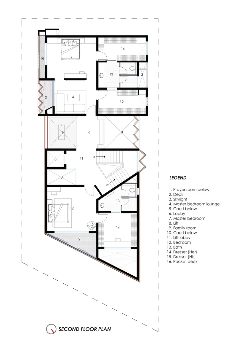 Second floor plan drawing showing additional bedrooms and a family room with angled walls