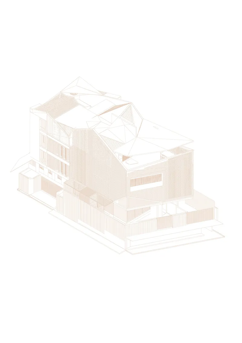 Isometric drawing of a multi-level residence with angular roof forms and timber cladding