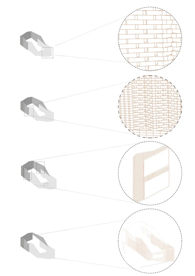 Axonometric diagram illustrating brick bonding patterns and wall assembly details with callout enlargements