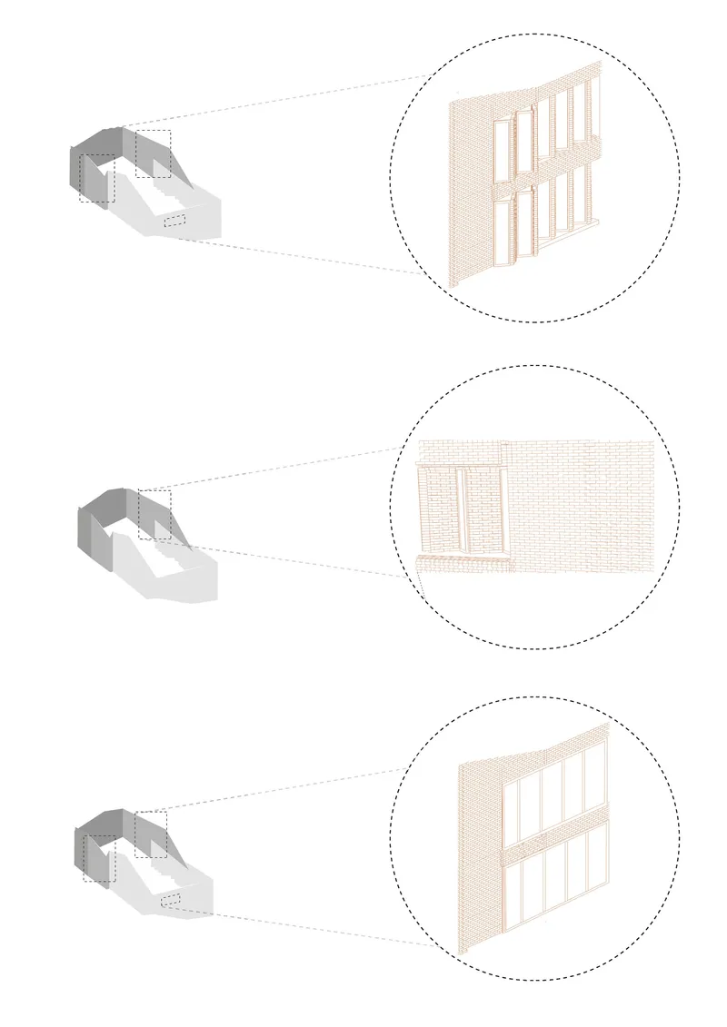Axonometric diagram showing facade details with timber framing and glazing systems in enlarged views
