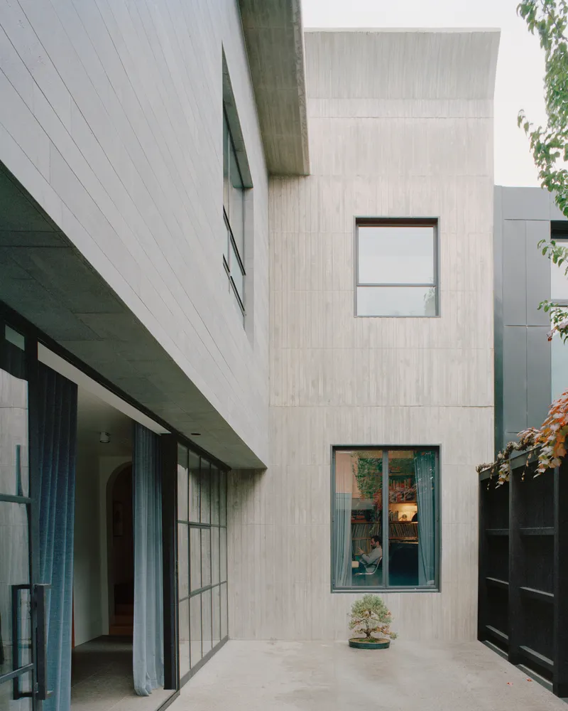 Courtyard view showing pale timber-clad walls with punched windows and a bonsai tree on concrete paving
