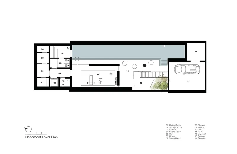 Basement level plan drawing showing linear arrangement of rooms and garage space