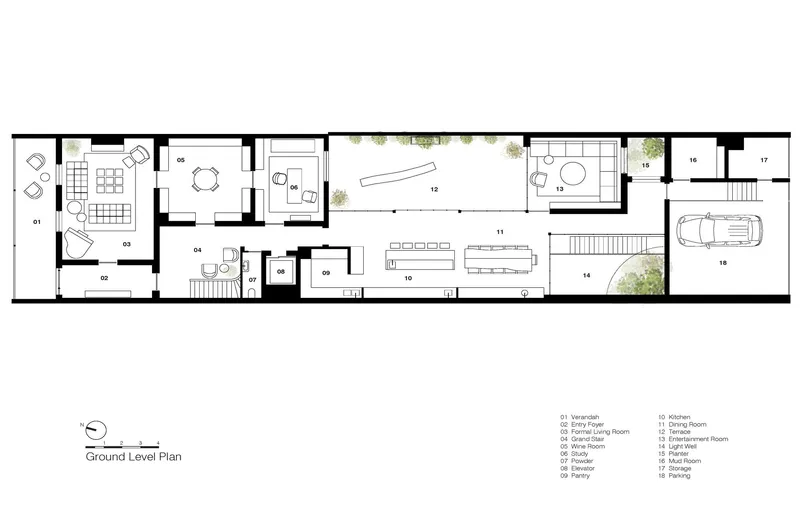 Ground level plan drawing showing a long narrow residence with courtyard gardens punctuating the linear layout