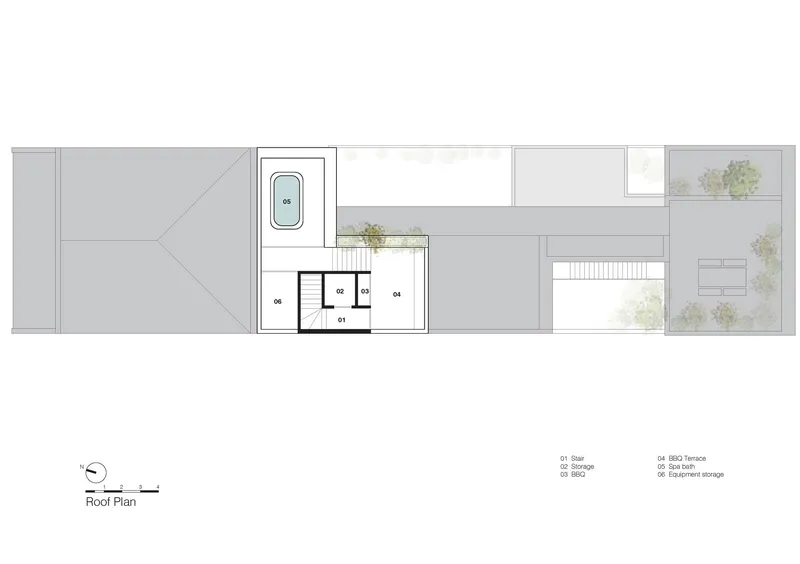 Roof plan drawing showing terraces, a pool, and planted areas scattered across the elongated volume