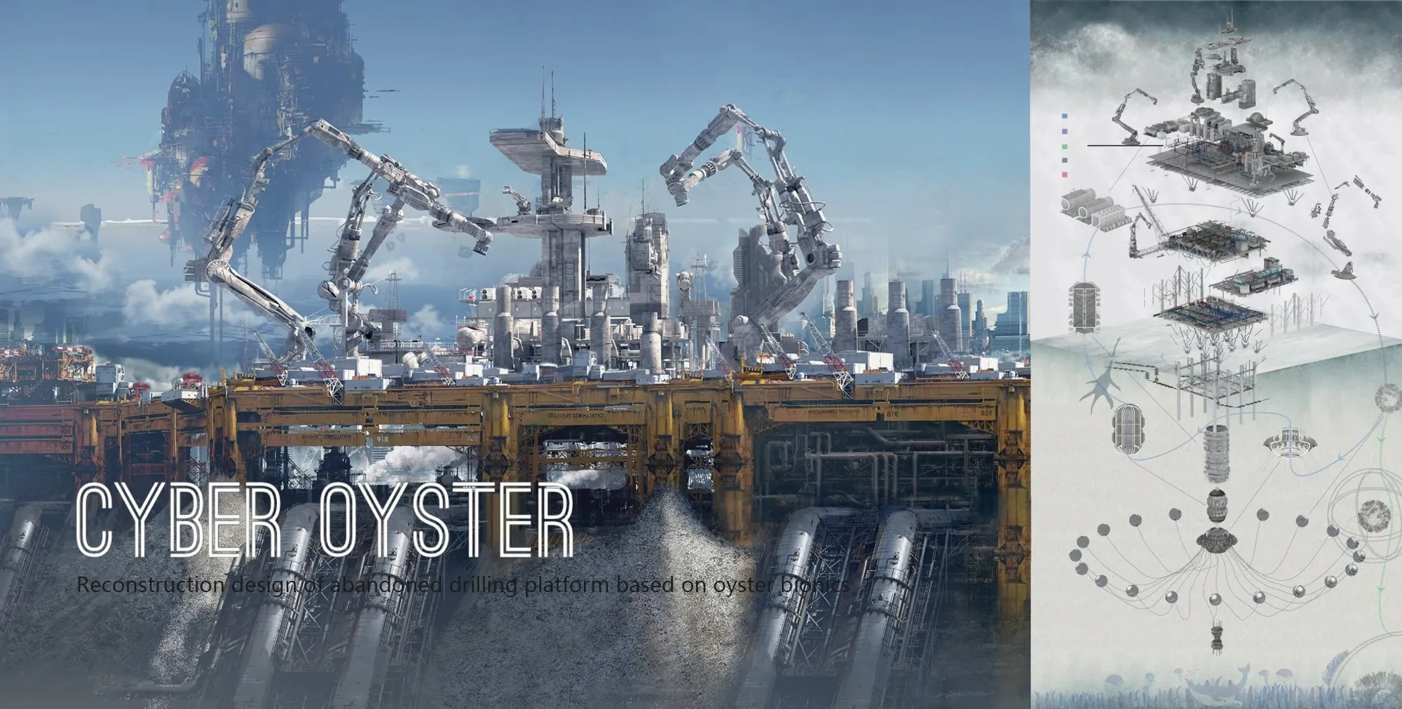 Cyber Oyster: A Visionary Adaptive Reuse Architecture Project Transforming Abandoned Oil Rigs Through Oyster Bionics