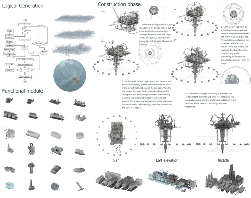 Concept diagrams and construction phases illustrate the evolution of an abandoned drilling platform into a self-sustaining ecological machine.