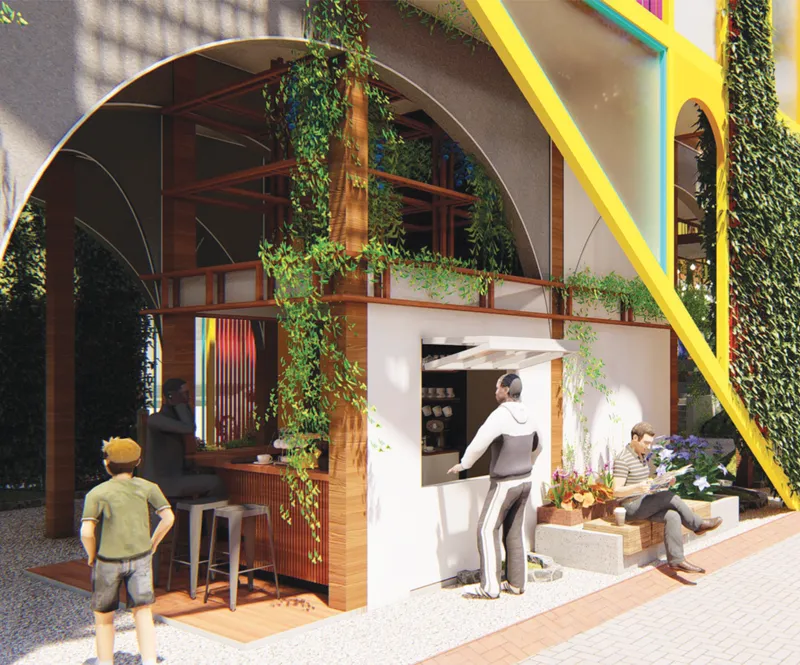 Outdoor café corner framed by arches, greenery, and street-facing seating.