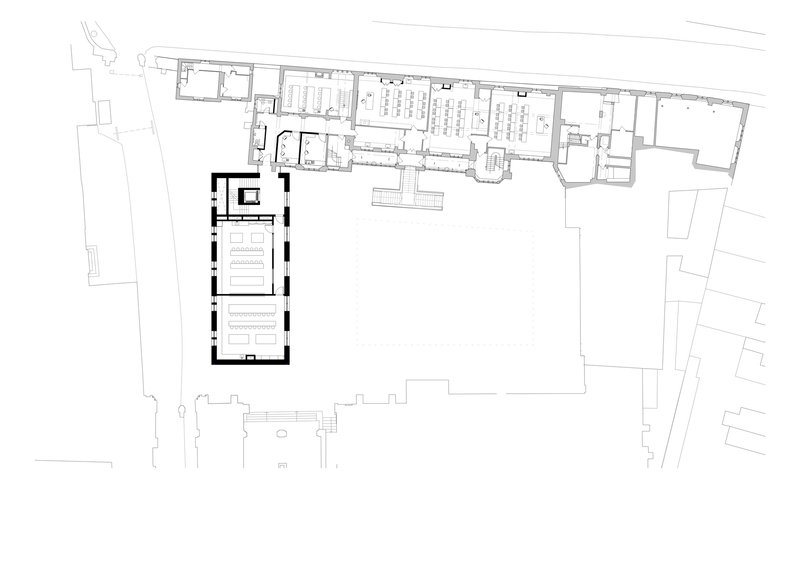Upper floor plan drawing of the chapel showing parallel rows of benches and entry vestibule
