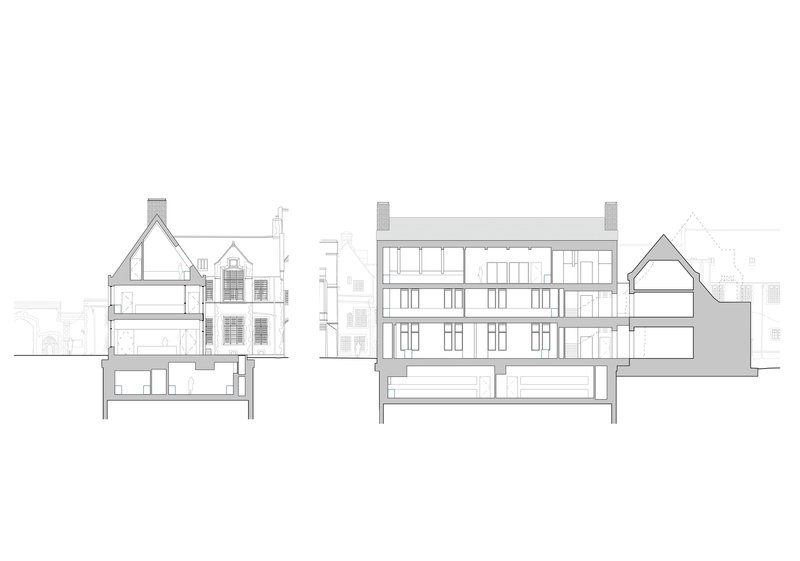 Section drawing showing multiple buildings with pitched roofs and internal floor layouts in gray line art