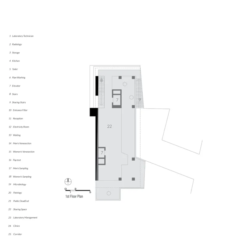 First floor plan showing open shared workspace with elevator cores and perimeter terraces