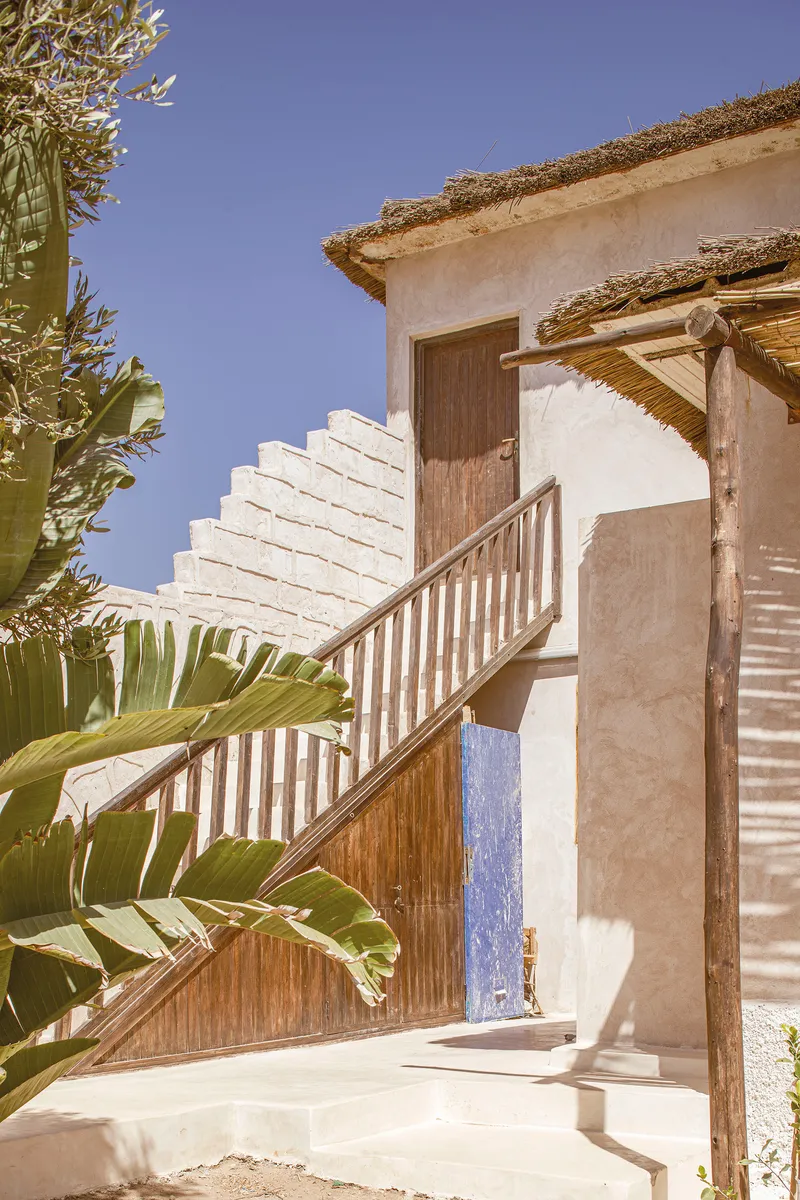 Exterior staircase with slatted timber balustrade connecting courtyard to upper floor door beside banana plants