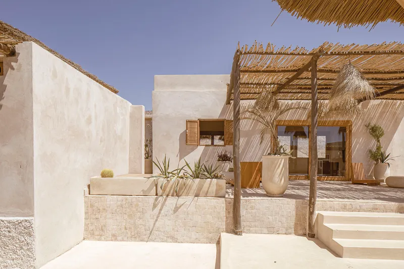 Exterior courtyard with rendered walls, stone planters, timber pergola with palm frond shade, and desert plants in bright sunlight